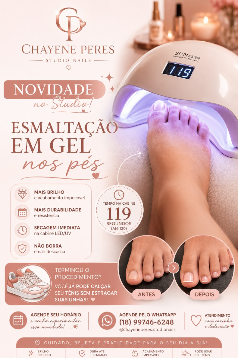 Arte de divulgação da esmaltação em gel nos pés